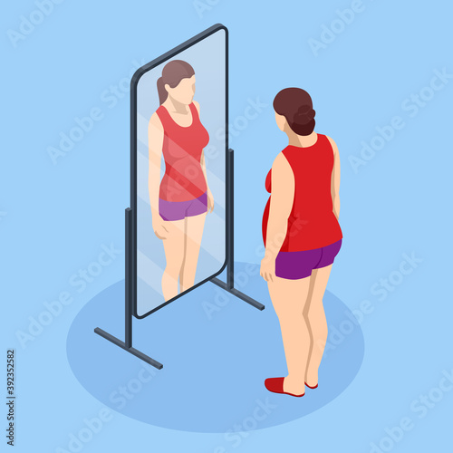 Problem of excess weight and health. Isometric Fat woman looks in the mirror and sees herself as slim. Health risk, obesity.