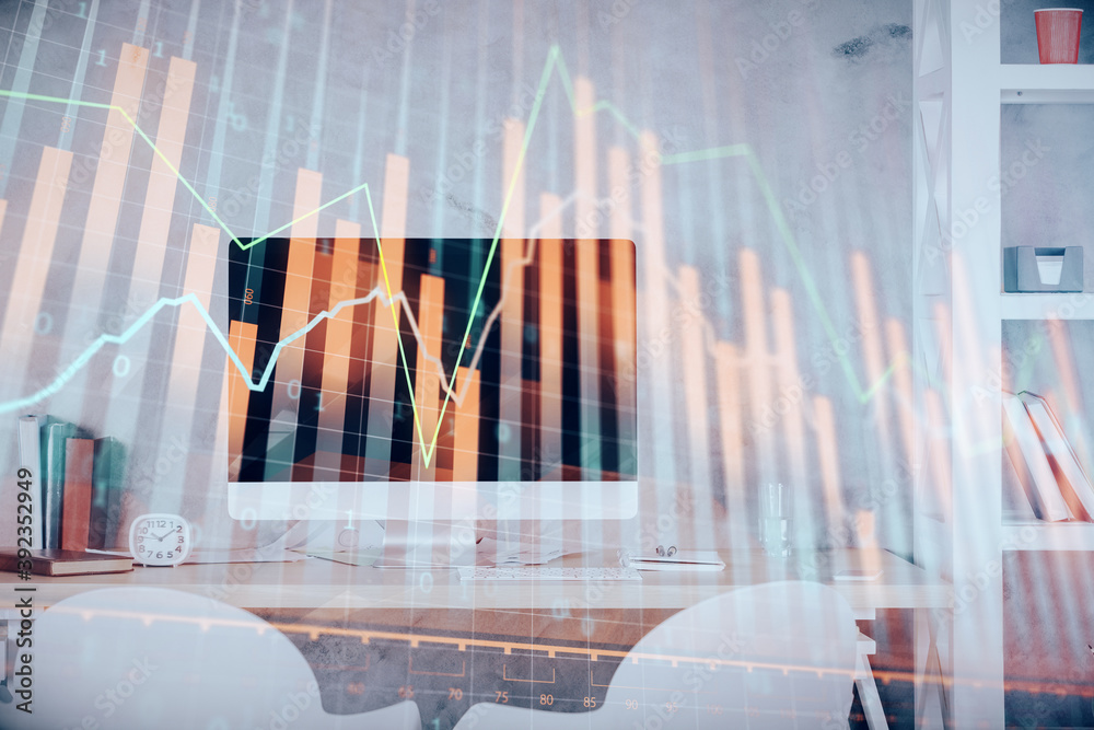 Multi exposure of stock market chart drawing and office interior background. Concept of financial analysis. Multi exposure of stock market chart drawing and office interior background. Concept of financial analysis.