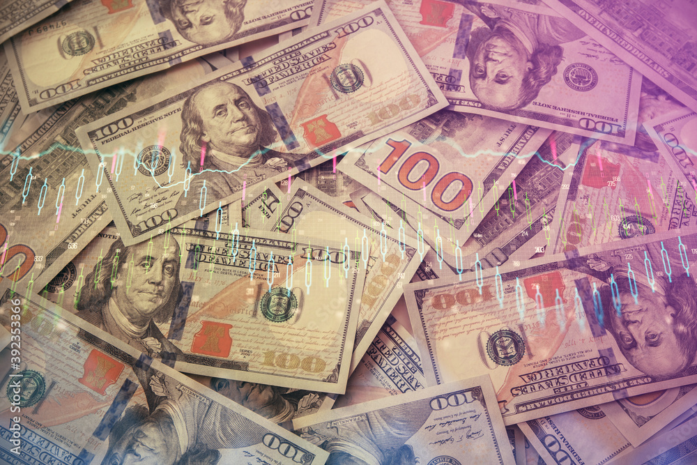 Multi exposure of forex chart drawing over us dollars bill background. Concept of financial success markets. Multi exposure of forex chart drawing over us dollars bill background. Concept of financial success markets.