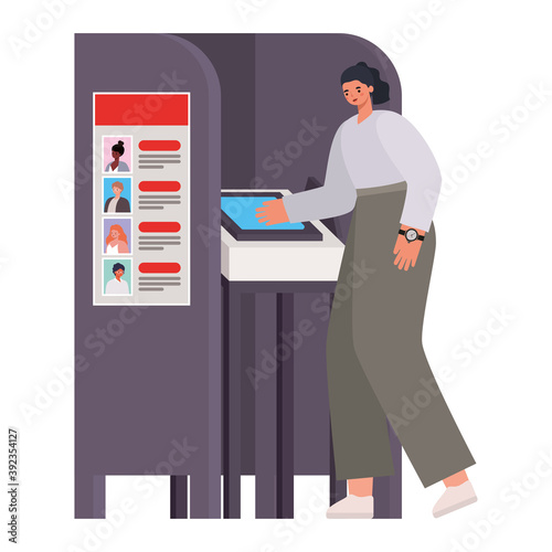 woman voting with black hair and ponytale in gray voting booth