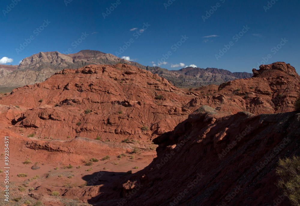 The red canyon. Panorama view of the arid desert, valley, sandstone, rocky formations and mountains in Talampaya national park in La Rioja, Argentina.