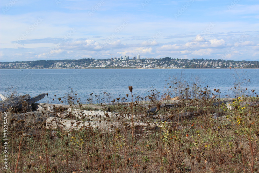 A distant view of White Rock, Canada from Semiahmoo beach in late summer A distant view of White Rock, Canada from Semiahmoo beach in late summer