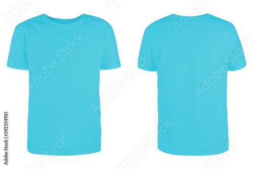Men's arctic blue blank T-shirt template,from two sides, natural shape on invisible mannequin, for your design mockup for print, isolated on white background..