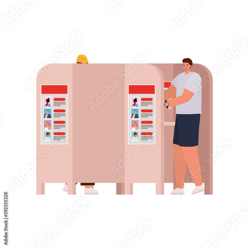 woman and man with gray shirt in voting booth on white background