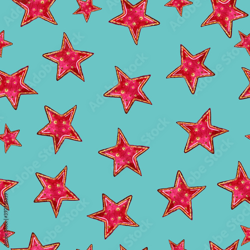 Seamless pattern with pink stars on a blue background. For textiles, clothing, and paper. Watercolor illustration.
