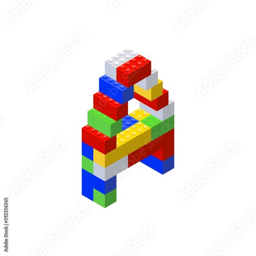 Isometric font made from color plastic blocks. The childrens designer. Letter A. Vector illustration