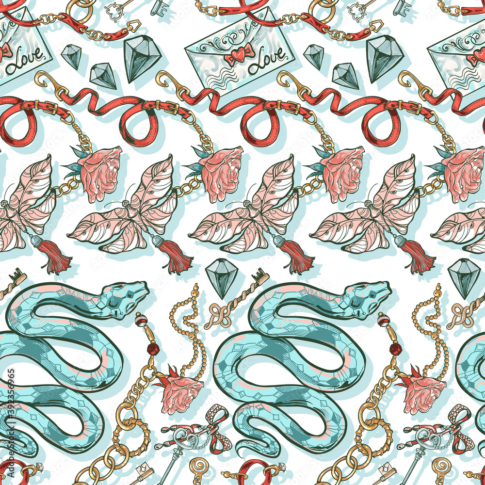 Vintage seamless texture on the theme of mysticism of snakes, butterflies, crystals, chains, keys, roses and magic items.