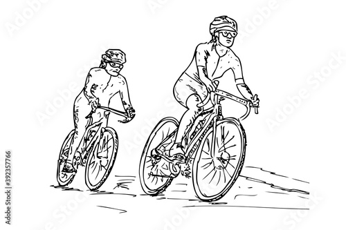 Vector Hand Draw Sketch, A Group of People, Riding a Bicycle