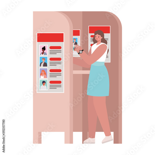 woman voting with brown hair and blue skirt in voting booth