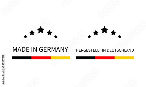 Made in Germany labels in English and in German languages . Quality mark vector icon. Perfect for logo design, tags, badges, stickers, emblem, product package, etc.