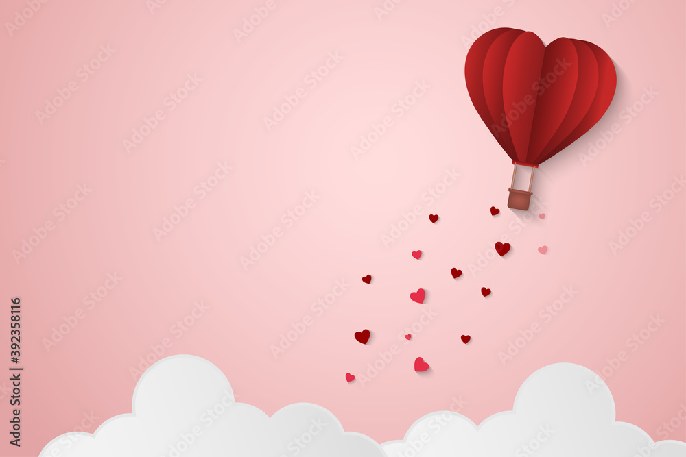 Paper Style love of valentine day , balloon flying over clound with heart float on the sky, couple honeymoon , vector illustration background