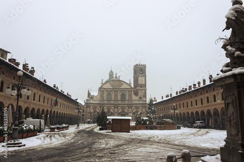 Piazza Ducale and Sforza Castle in Vigevano during a snowfall in 2012