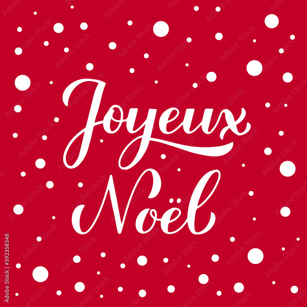 Joyeux Noel calligraphy hand lettering on red background with snow confetti. Merry Christmas typography poster in French. Easy to edit vector template for greeting card, banner, flyer, sticker, etc.