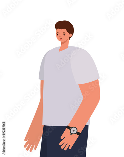 man with brown hair, gray shirt and wristwatch on a withe background