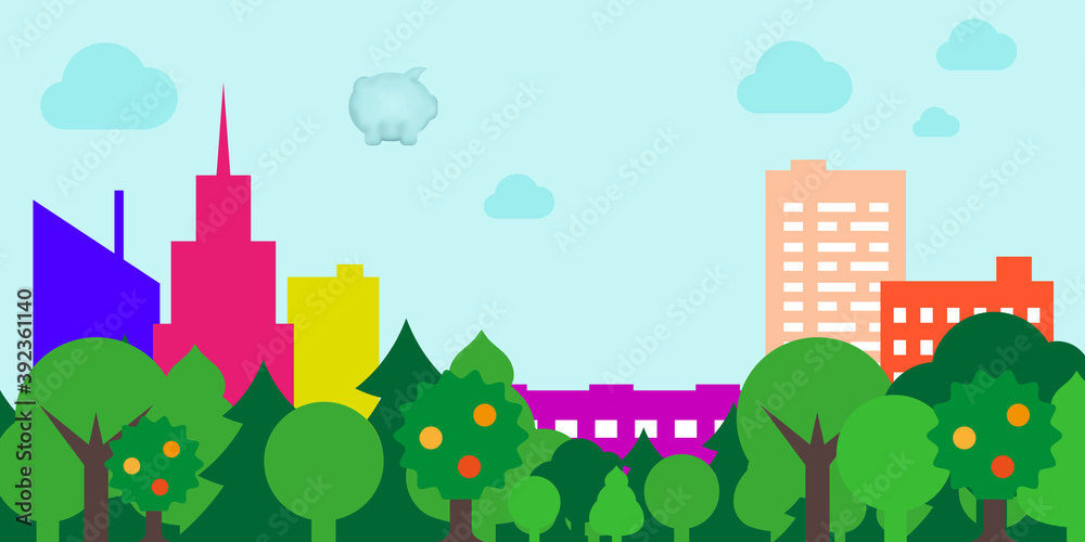 Big colorful city and park in front of it. Flat style vector illustration.