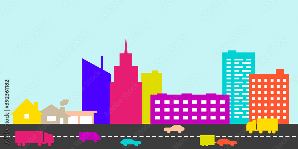 Big city and intensive road in front of it. Car traffic. Flat style vector illustration.