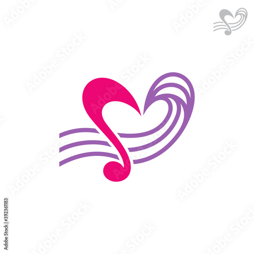 Love music logo, music note with heart shape, simple flat logo template