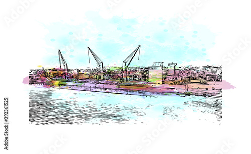 Building view with landmark of Coatzacoalcos is a major port city in the southern part of the Mexican state of Veracruz. Watercolour splash with hand drawn sketch illustration in vector.