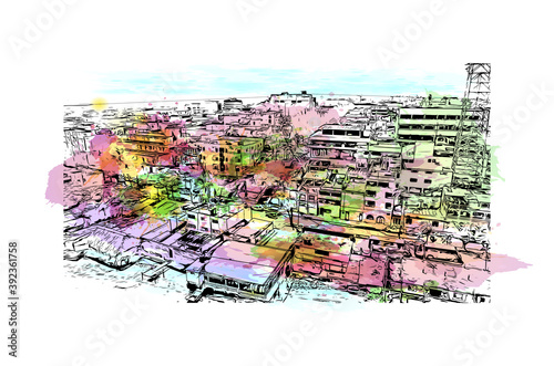 Building view with landmark of Coatzacoalcos is a major port city in the southern part of the Mexican state of Veracruz. Watercolour splash with hand drawn sketch illustration in vector. photo