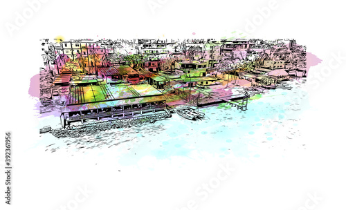 Building view with landmark of Coatzacoalcos is a major port city in the southern part of the Mexican state of Veracruz. Watercolour splash with hand drawn sketch illustration in vector.
