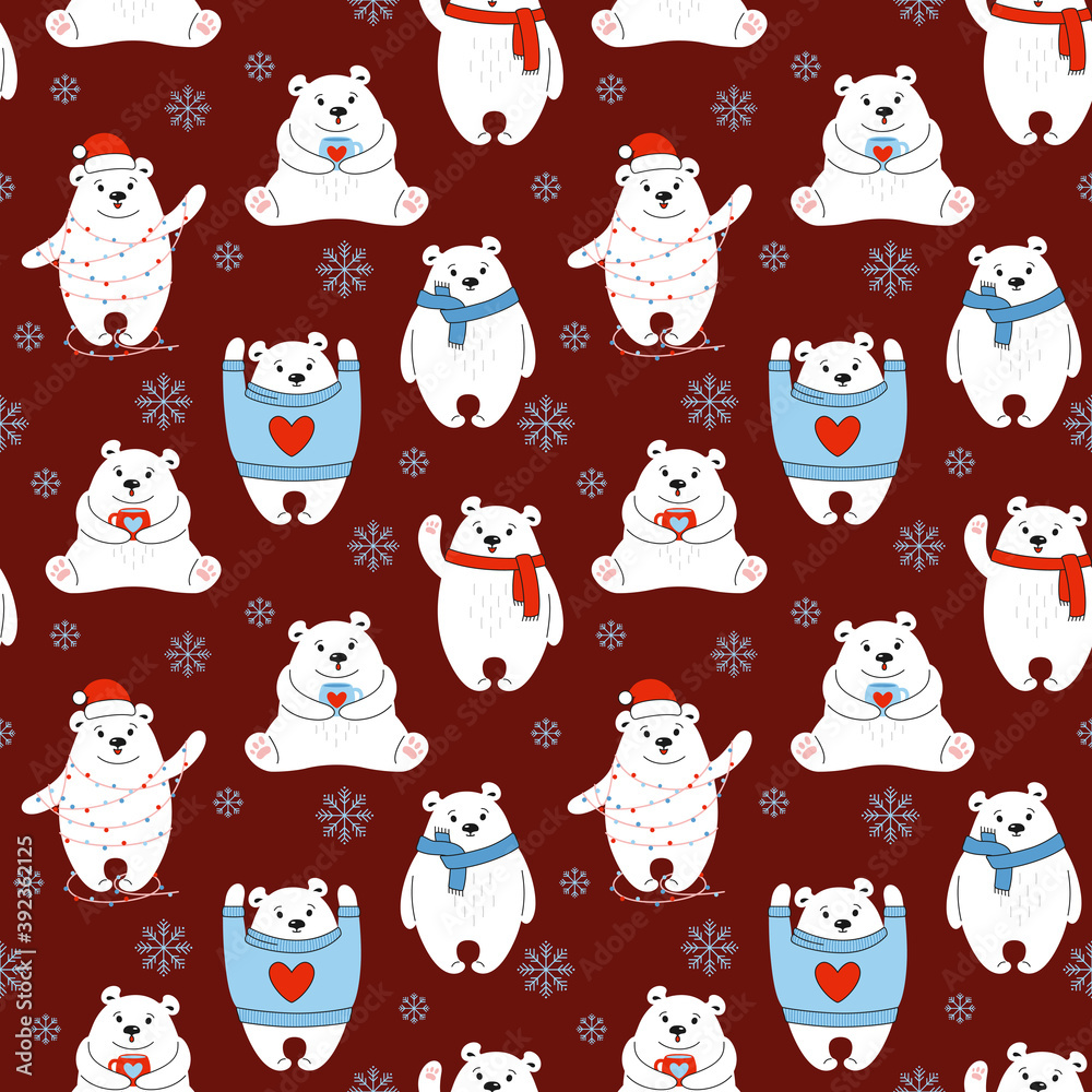 Christmas seamless pattern polar bear. Textile graphics, New Year animal mammals, wrapping paper. Cartoon cute teddy with red hat. Funny animals winter celebrate dark red vector background