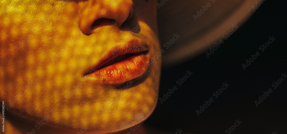 Sexy shadow lips. Woman lips. Shadow face. Sexy photo. 