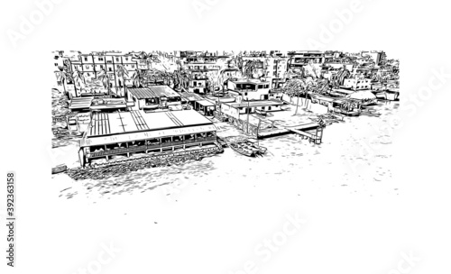 Building view with landmark of Coatzacoalcos is a major port city in the southern part of the Mexican state of Veracruz. Hand drawn sketch illustration in vector.