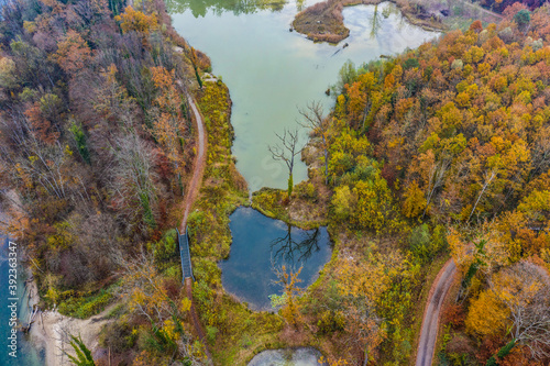 Aerial view of autumnal lake land