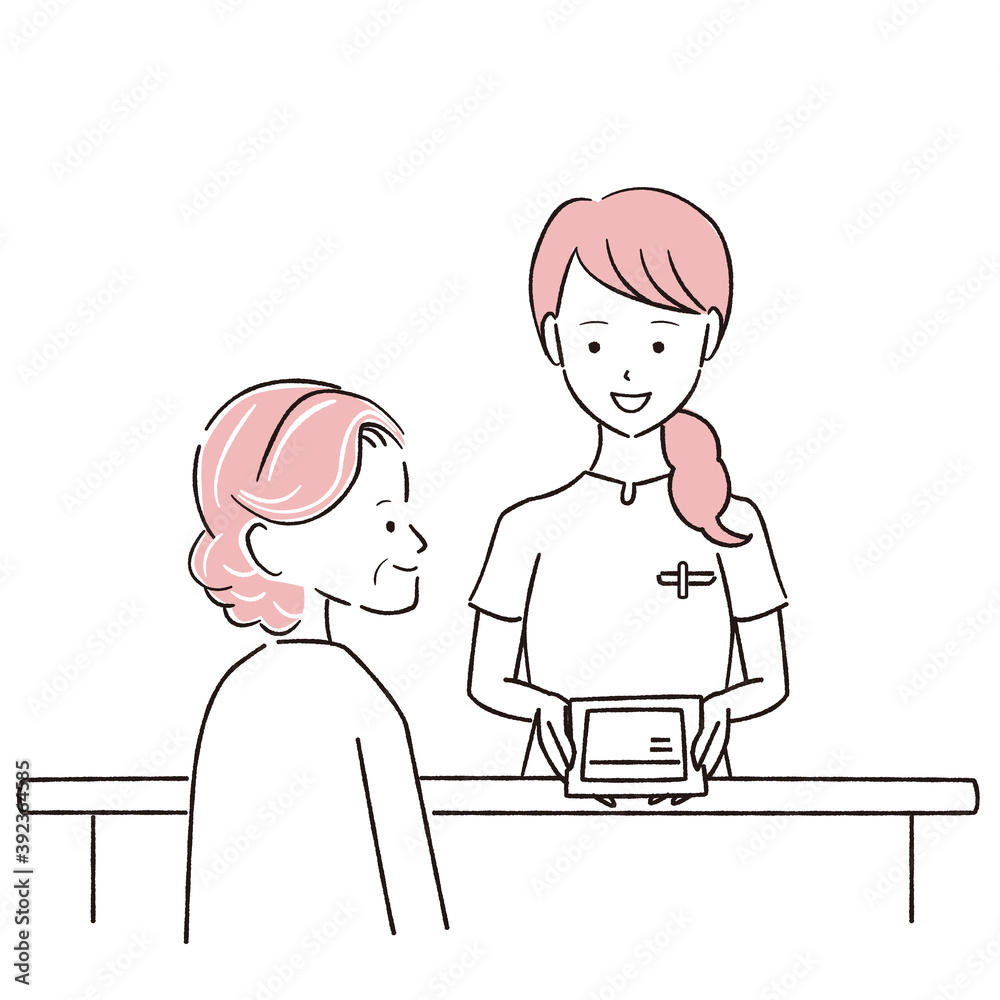 手描き1color　笑顔で薬を渡す薬剤師とシニア女性の患者様　背景白