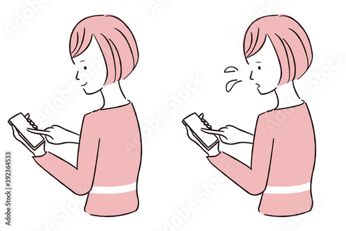 手描き1color　スマホ操作　横向き　女性　2つの表情