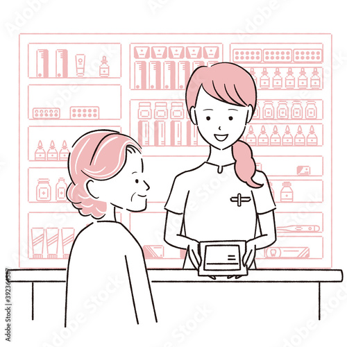 手描き1color　笑顔で薬を渡す薬剤師とシニア女性の患者様