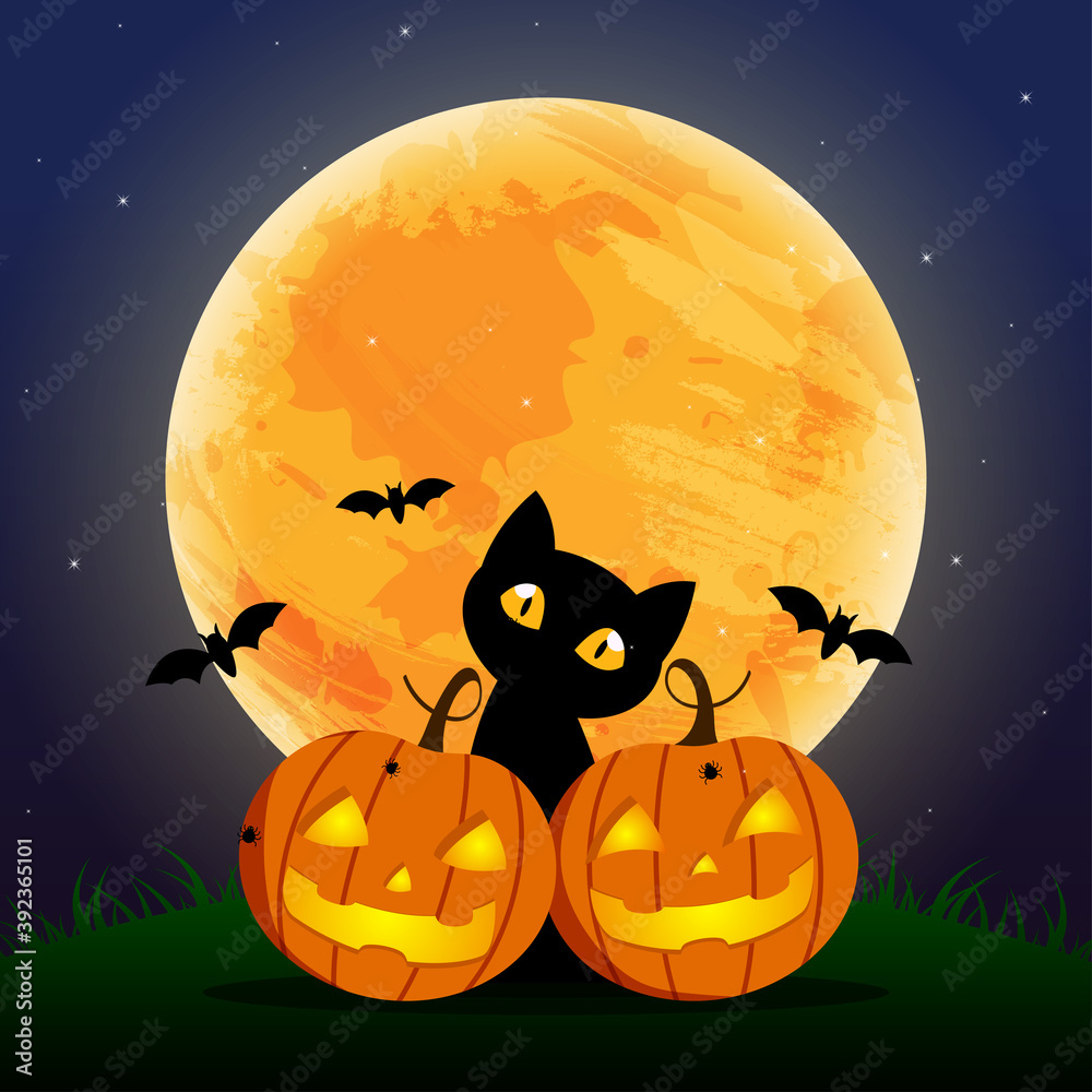 Happy Halloween Day ,  Bat and spider , Cute pumpkin smile spooky scary but cute and black cat party under moon , vector illustration , sign element