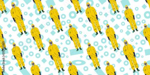 Seamless pattern of Man in protective yellow hazmat suit isolated on memphis element background. Safety virus infection concept. Vector illustration eps10.
