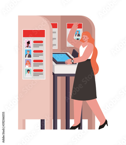 woman with long orange hair in a voting booth