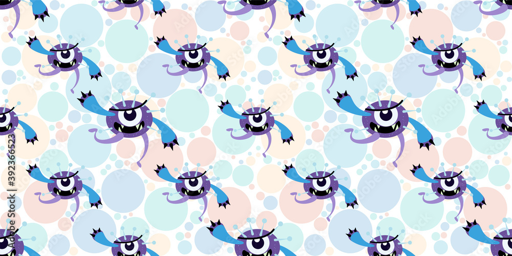 Seamless pattern of Cute cartoon germ in flat style design isolated on Colorful Random Scale Circles background. Bacteriology concept design. Vector illustration EPS10. Seamless pattern of Cute cartoon germ in flat style design isolated on Colorful Random Scale Circles background. Bacteriology concept design. Vector illustration EPS10.