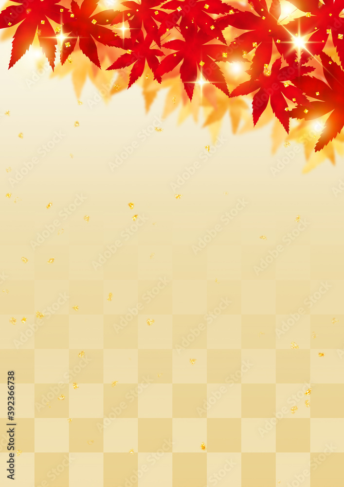 紅葉と金箔と金色の光　市松模様　秋のフレーム素材　縦型