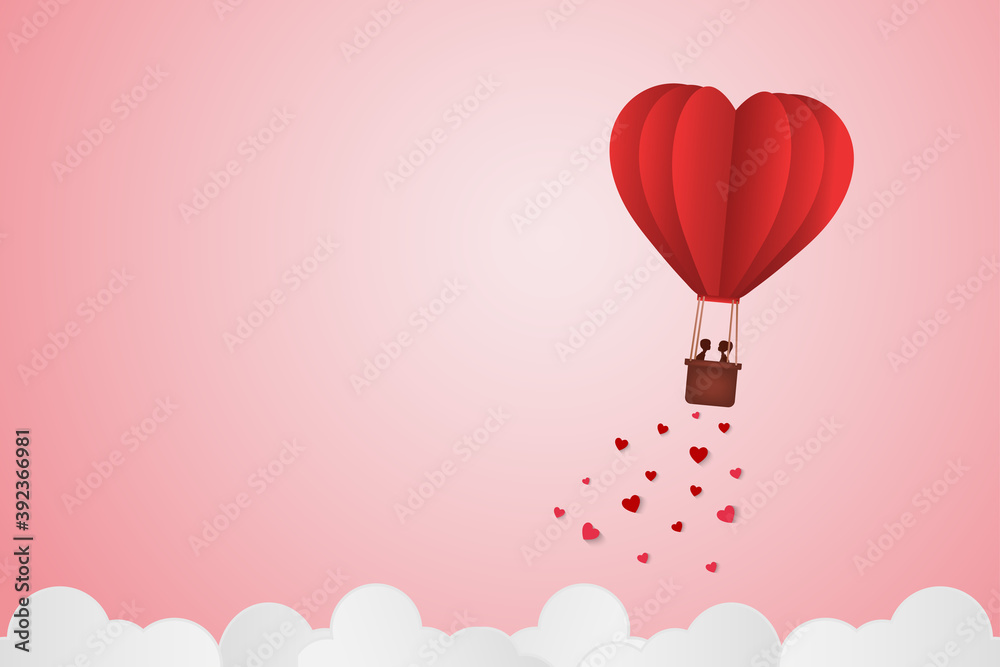 Paper Style love of valentine day , balloon flying over cloud with heart float on the sky, couple honeymoon , vector illustration background