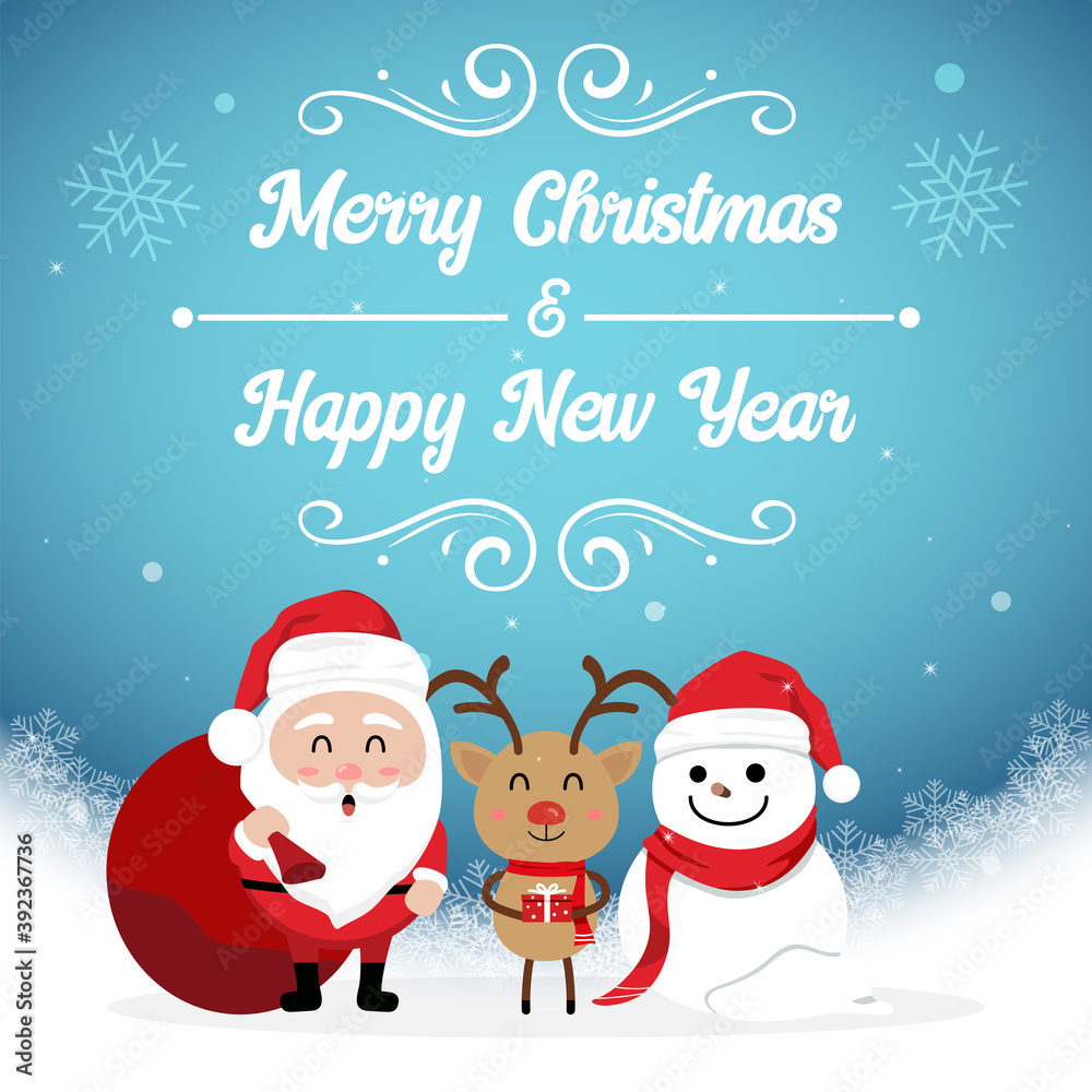 Character Cartoon Cute Christmas Day , Merry christmas happy new year festival , santa claus and snow man and cute reindeer hold gift box, snowflake text  invitation card , vector illustration