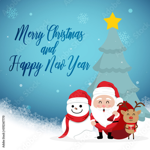 Character Cartoon Cute Christmas Day   Merry christmas happy new year festival   santa claus and snow man and cute reindeer hold gift box  christmas tree snowflake copy space for text  invitation card