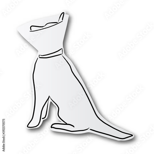 black line hand drawn of dog and protective collar on cut paper with shadow isolated on white background