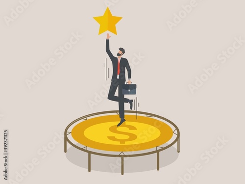 Businessman jump bouncing high on trampoline trying to reach for the stars, employee with cash trampoline wants to achieve his goal.
