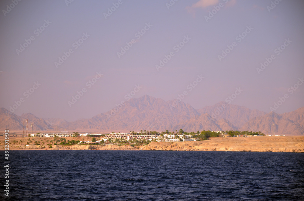 The view of resorts and hotels at coast of Sharm El Sheikh from yacht. Red Sea, Egypt 