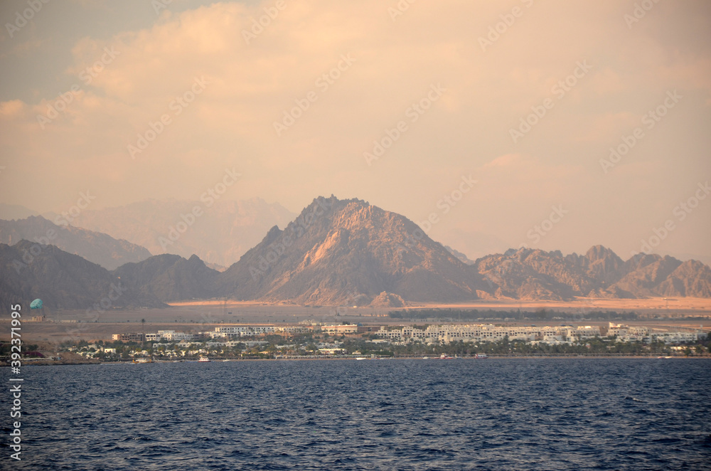 The view of resorts and hotels at coast of Sharm El Sheikh from yacht. Red Sea, Egypt 