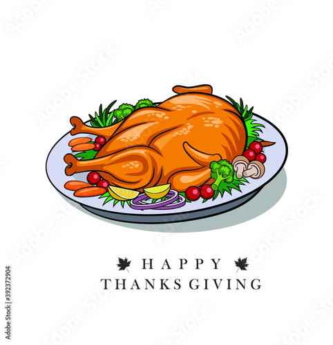 Vector illustration of baked turkey dinner for Thanksgiving day.