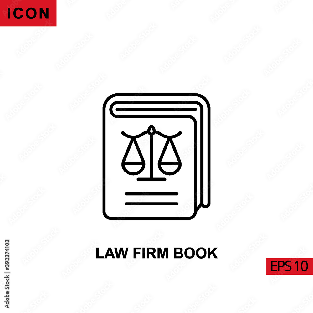 Icon law firm book with scales. Outline, line, lineal or linear vector icon symbol sign collection Icon law firm book with scales. Outline, line, lineal or linear vector icon symbol sign collection