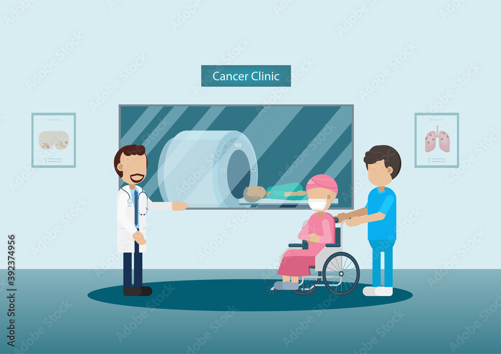 Cancer clinic with doctor and patient