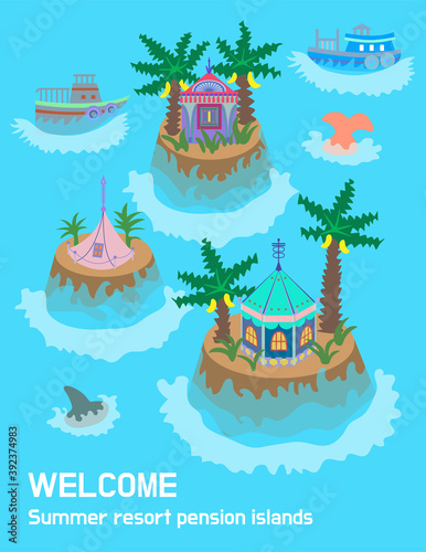 [Vector] Illustration of tropical islands with unique resort pensions 02