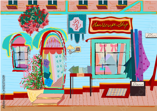 [Vector] illustration of a handicraft shop (hand painting style)