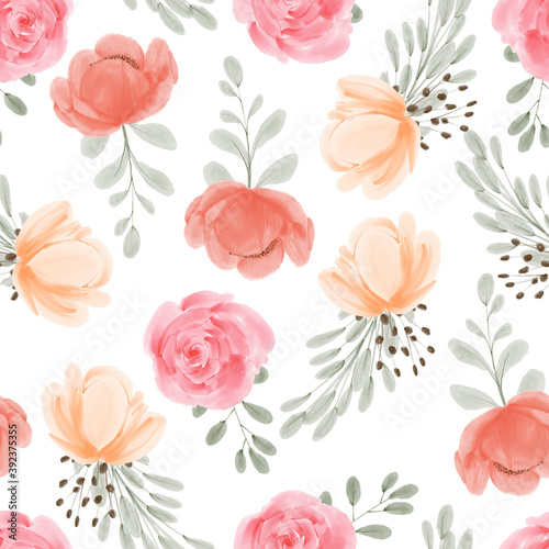 Floral seamless pattern  watercolor hand painted with rose peony flower