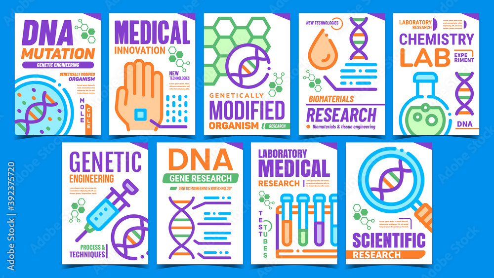 Biomaterials Creative Promotion Posters Set Vector. Biomaterials Research And Chemistry Lab Experiment, Dna Mutation And Gmo Advertising Banners. Concept Template Style Color Illustrations